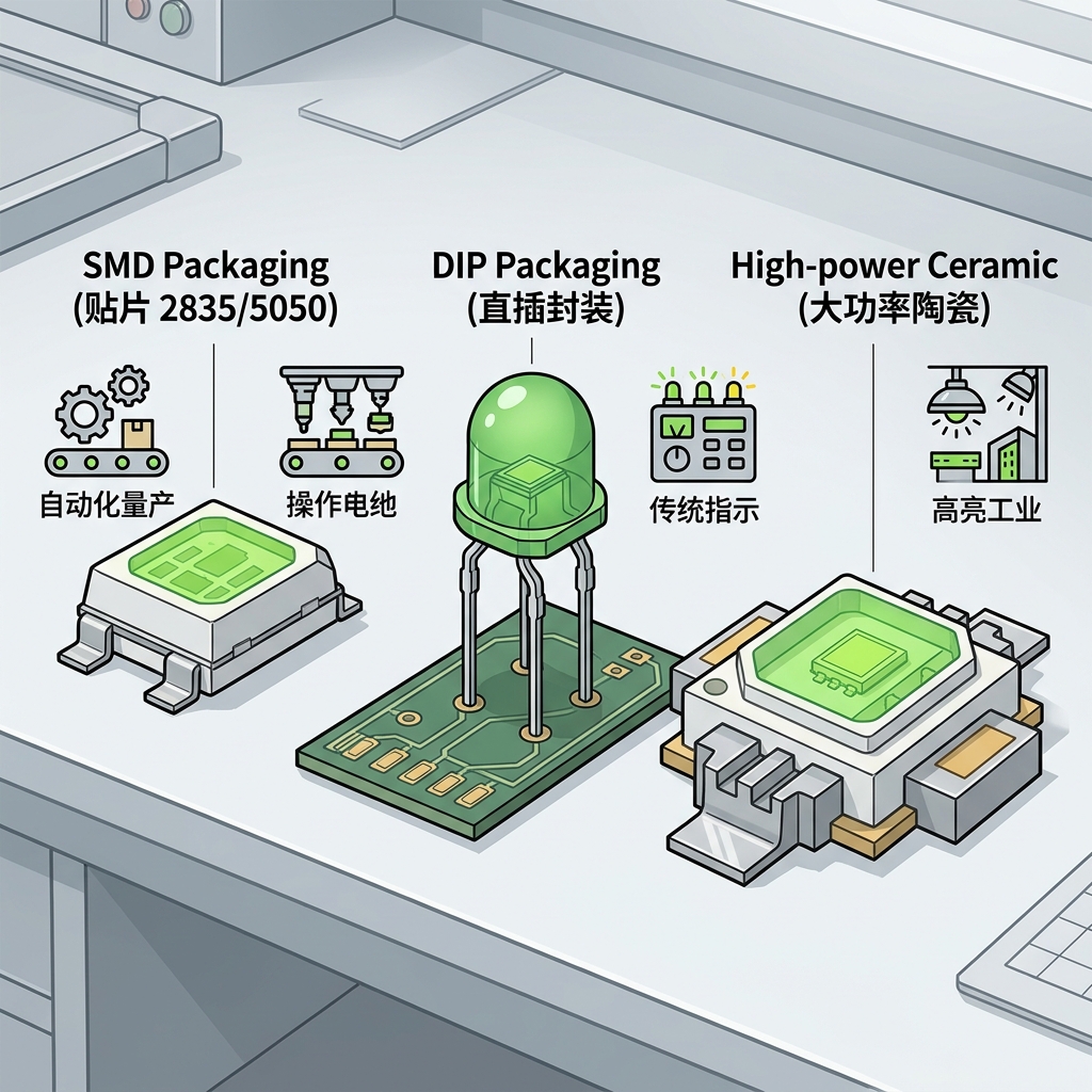绿光LED封装对比示意图：展示SMD贴片式、直插式和高功率陶瓷封装，并配有各自适用场景图标