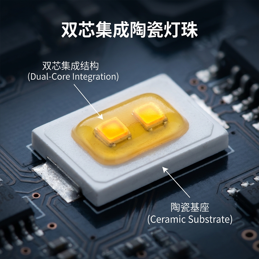 双芯集成陶瓷灯珠结构示意图，展示两颗LED芯片封装在白色陶瓷基座上