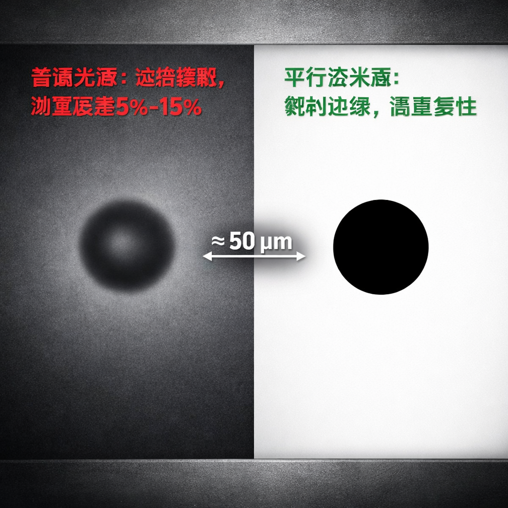 墨滴观测中普通光源与平行点光源成像效果对比图，展示平行点光源如何提升边缘锐度和测量精度
