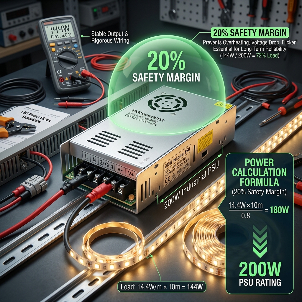 LED电源功率选型与安全裕量计算模型图：展示200W工业级直流开关电源，计算公式(14.4W × 10m) ÷ 0.8 = 180W，并强调20%功率裕量的重要性。