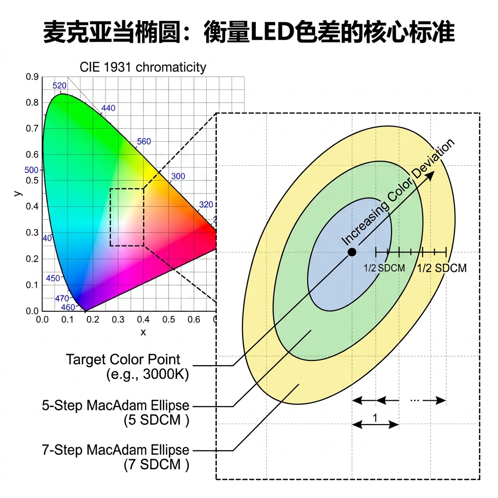 麦克亚当椭圆（MacAdam Ellipse）科学示意图，在CIE 1931色度图上展示了3步、5步和7步椭圆，直观解释LED色差容忍范围的定义。