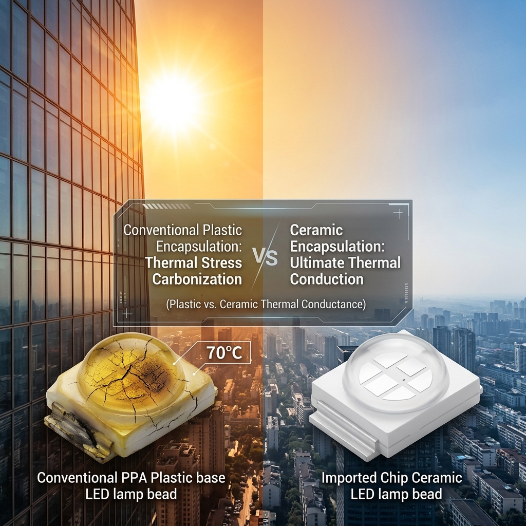 高空亮化场景下，常规PPA塑料灯珠在70℃高温下碳化与剥离，与进口氮化铝陶瓷灯珠在极致热传导下保持稳定的对比图。
