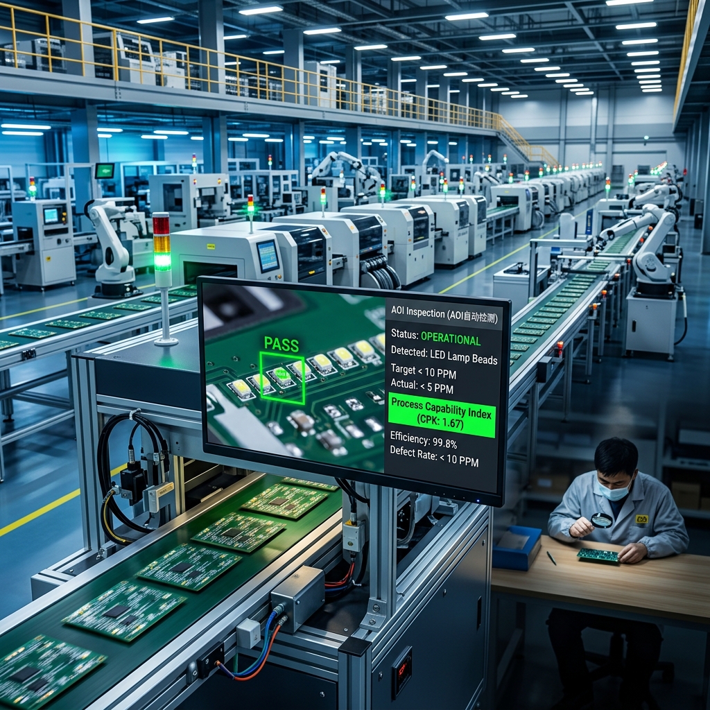 全自动化产线品控图：AOI自动光学检测仪实时监控LED灯珠，显示CPK值1.67，确保缺陷率低于10 PPM，展现智慧工厂的极致精度。