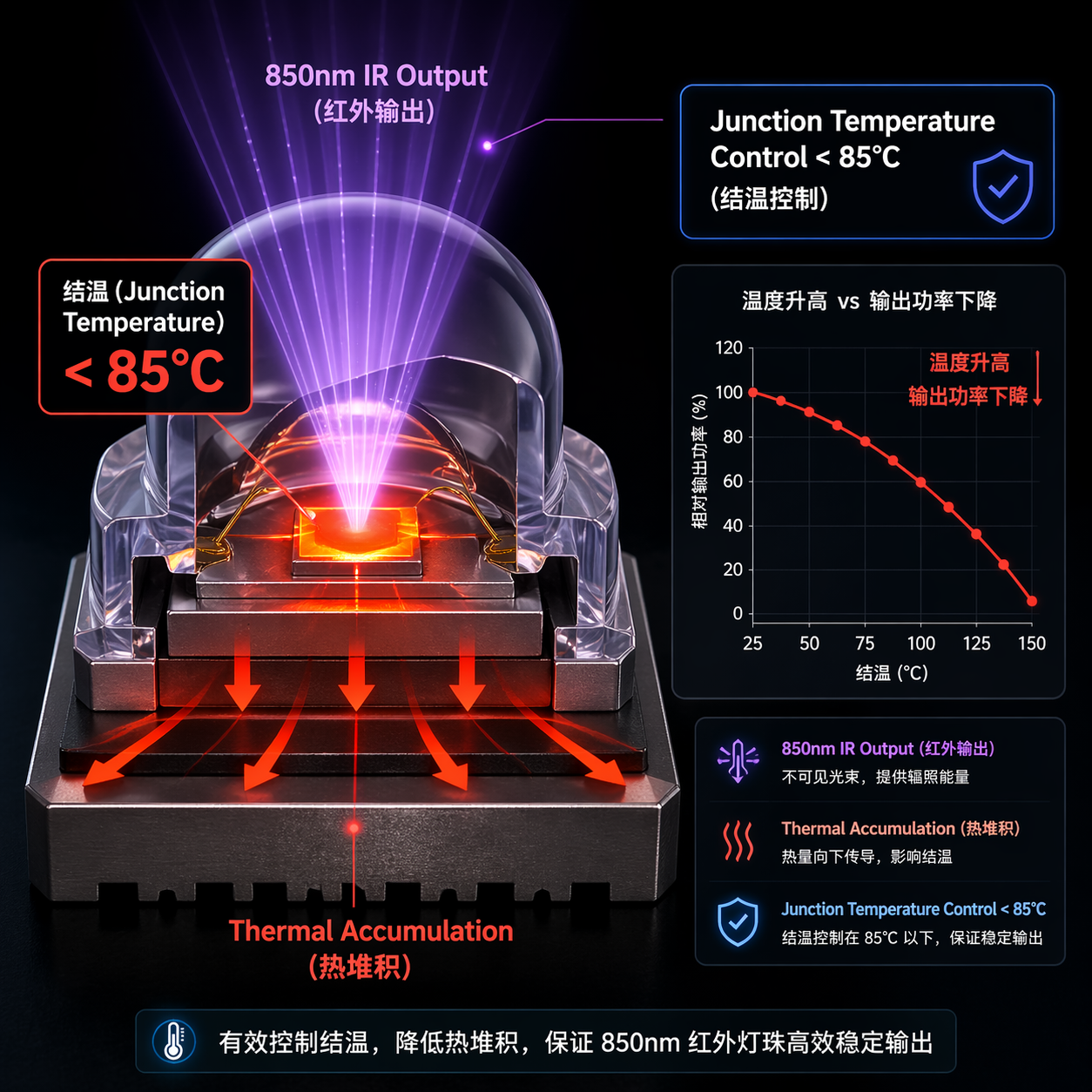 850nm红外线灯内部结温与光衰关系示意图，展示芯片高温区、热量传导及温度升高导致输出功率下降的原理