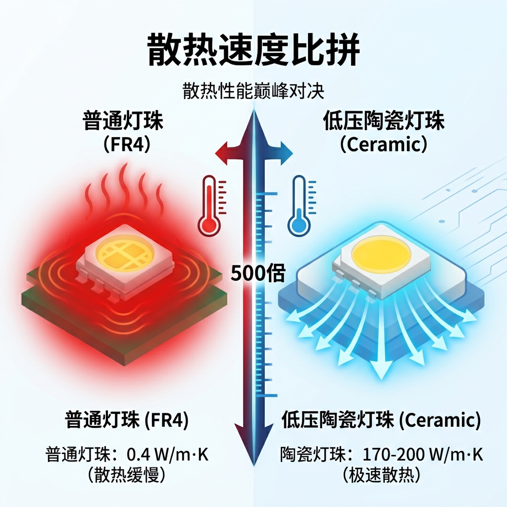 低压陶瓷灯珠与普通FR4灯珠散热性能对比图,直观展示陶瓷灯珠高达数百倍的散热优势。