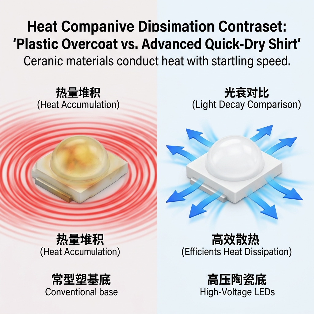 高压陶瓷灯珠与普通塑料灯珠散热性能对比图，直观展现陶瓷的高效散热优势，避免热量堆积和光衰。