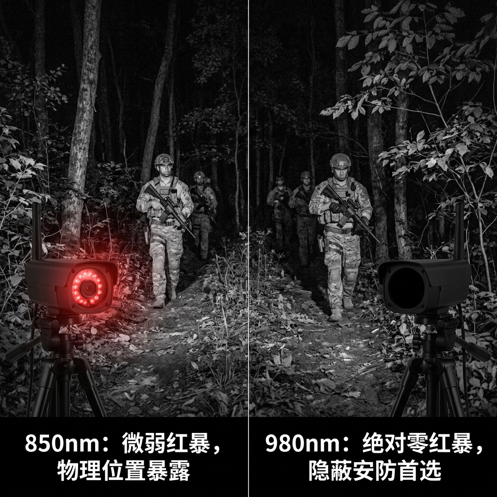 对比图:850nm红外补光灯存在红暴,而980nm灯珠实现绝对零红暴,适用于隐蔽安防