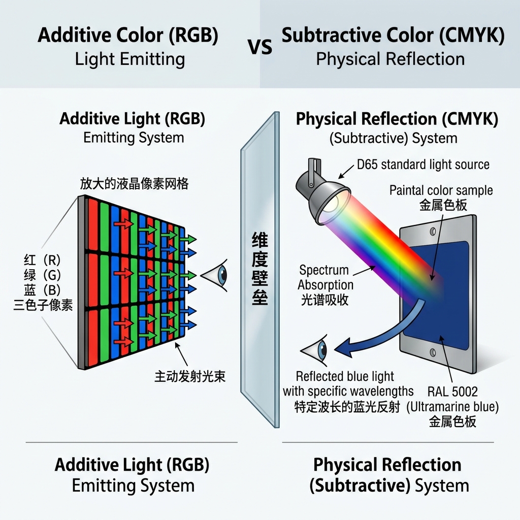解释屏幕加色法（RGB主动发光）与涂料减色法（物理反射）之间存在维度壁垒的示意图，展示D65标准光源如何与RAL 5002色板互动并被吸收反射。
