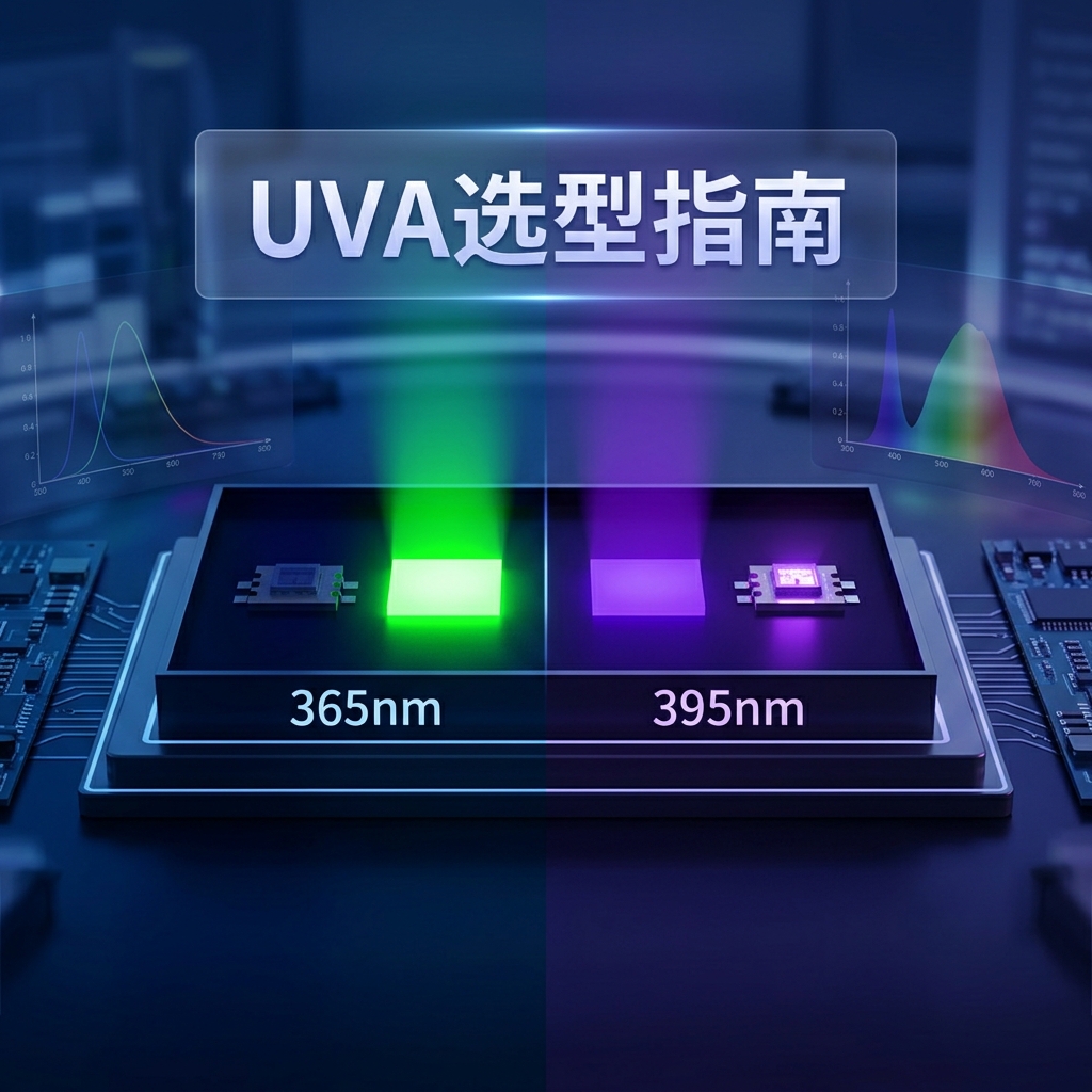 365nm与395nm UVA LED对比展示，突出两种波长在可见光和荧光激发上的差异。