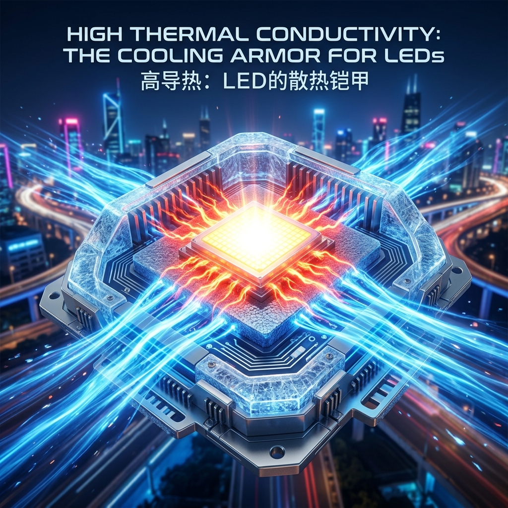 高导热陶瓷灯珠散热原理概念图,LED芯片(运动员)在陶瓷散热装甲(超级散热衣)中极速散热,热量迅速转化为冷蓝色流光排出。