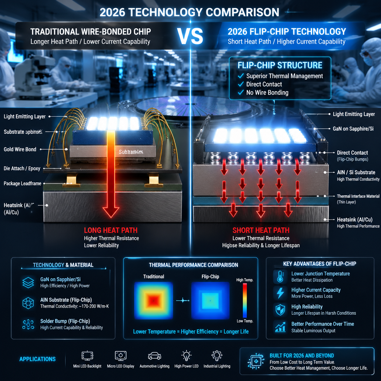 倒装芯片（Flip-Chip）与传统芯片散热路径对比示意图，展示倒装芯片通过直接贴合基底实现更短、更高效的热传导路径，提升高功率应用的可靠性。