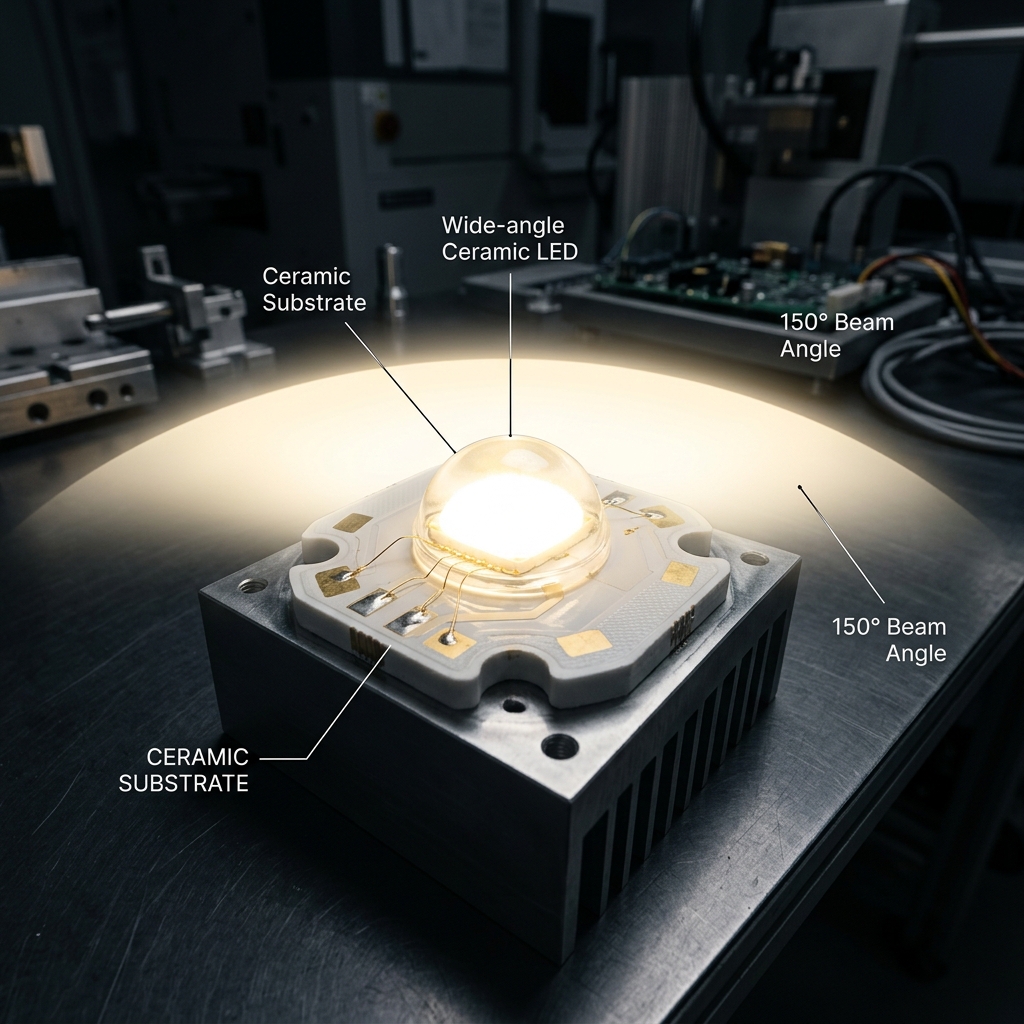 广角度陶瓷LED灯珠特写，展示150度广角出光和陶瓷封装基材