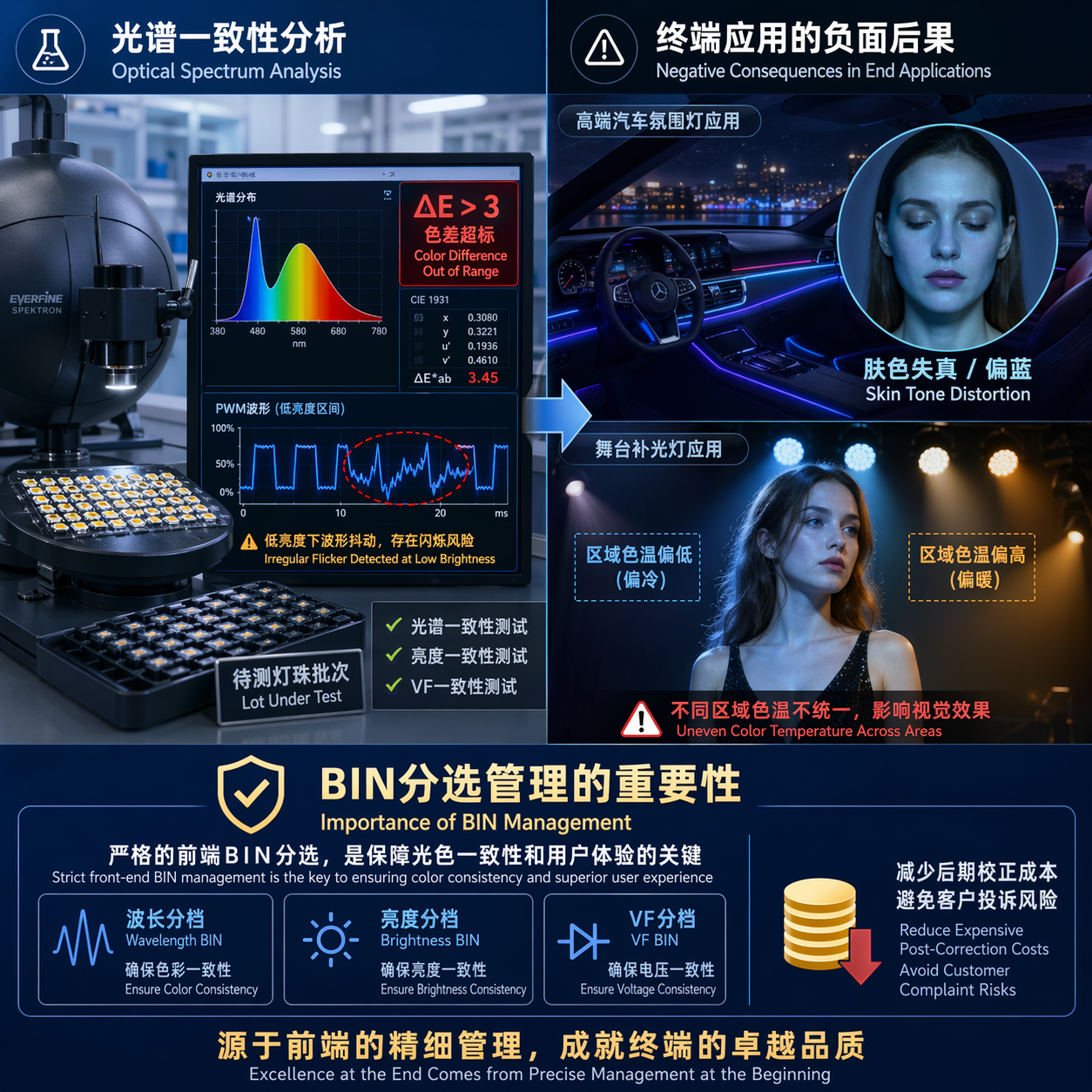 RGB灯珠G芯片和B芯片错位的后果：偏色、闪烁、寿命下降怎么判断