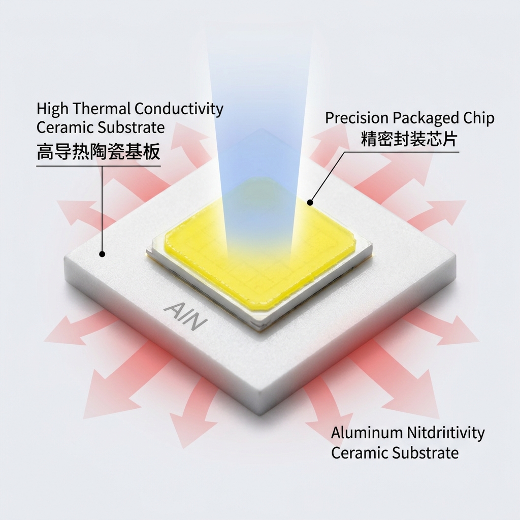 1-5W大功率陶瓷LED灯珠微观结构，展示高导热氮化铝陶瓷基板、精密封装的发光芯片以及均匀的黄色荧光粉涂层，并用箭头示意卓越散热性能。