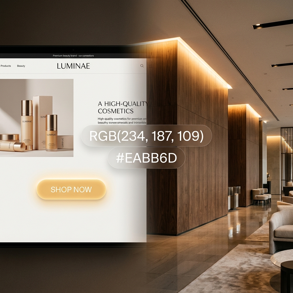 一张极具现代感的横屏视觉封面图，通过对比展现数字色彩与物理光影的无缝连接。画面左侧是极简风的高端美妆品牌官网界面，焦点是一个填充了#EABB6D（rgb 234, 187, 109）色号的‘立即购买’按钮，光泽柔和。画面右侧平滑过渡到现实场景：一个高级酒店大堂，墙面由实木饰面构成，上方隐藏的LED灯带正散发出完全一致的浅金黄色（初秋杏黄）洗墙光效。画面中央悬浮着半透明的文字标签：‘RGB(234, 187, 109)’ 与 ‘#EABB6D’。整体色调高级、温暖，强调色彩在屏幕与空间中的一致性。