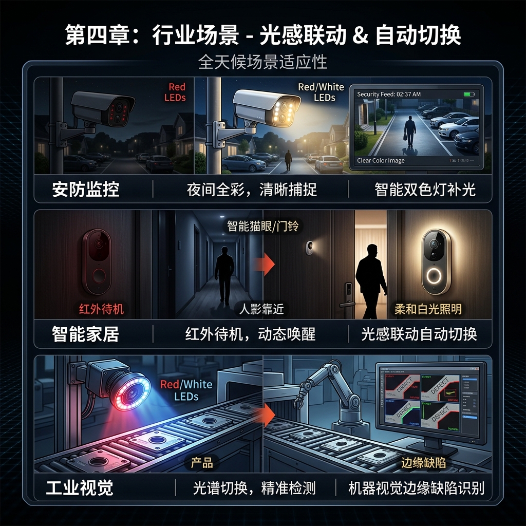 白光与红外光双色灯在安防监控、智能家居和工业视觉等多场景的应用展示图，突出了其全天候补光与智能切换的优势。