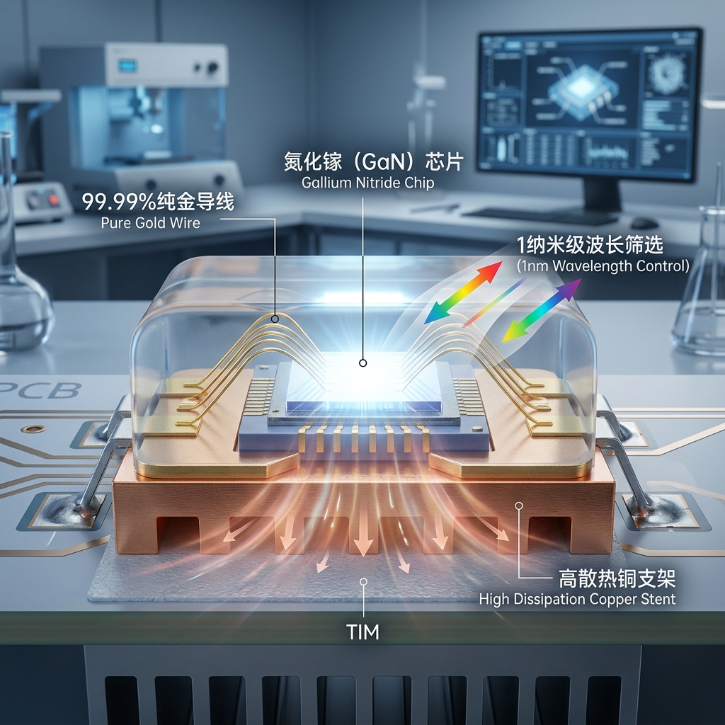 一张工业级LED芯片（SMD贴片）的微观剖析图，展示了99.99%纯金导线、氮化镓（GaN）芯片以及高散热铜支架，强调1纳米级波长筛选在解决物理LED偏色危机中的关键作用。