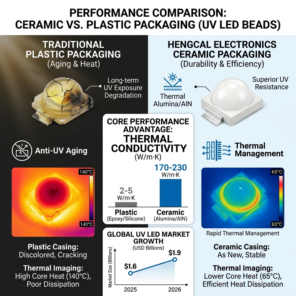 对比图展示陶瓷封装与塑料封装紫光灯珠的性能差异：陶瓷封装在长期紫外线照射下保持稳定，散热效率极高（热导率170-230 W/m·K），而塑料封装则出现老化发黄和过热现象。图示还包括UV LED市场增长趋势。