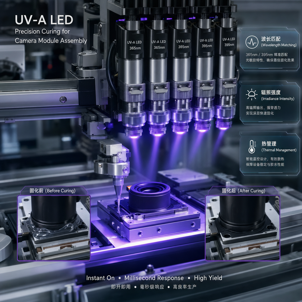 一张工业应用特写图，展示UV-A LED在电子装配中对摄像头模组进行精准光固化，并强调波长匹配、辐照强度和热管理等关键技术指标。