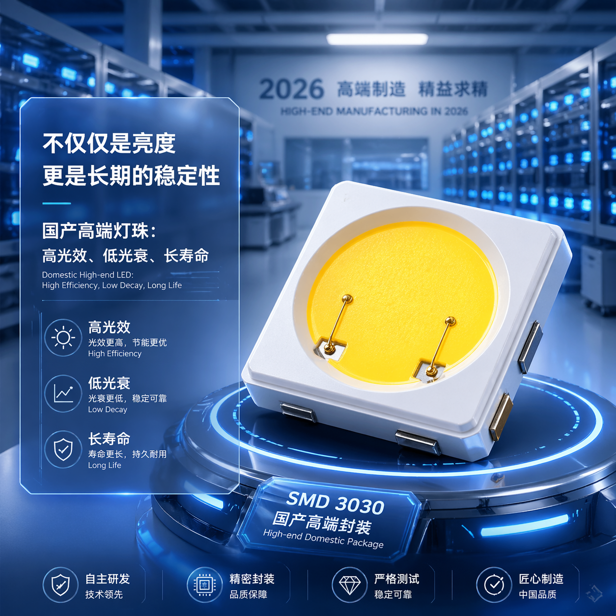 国产高端灯珠特写，展示陶瓷基板与金线键合，背景为LED老化实验室，强调高光效、低光衰、长寿命及长期稳定性。