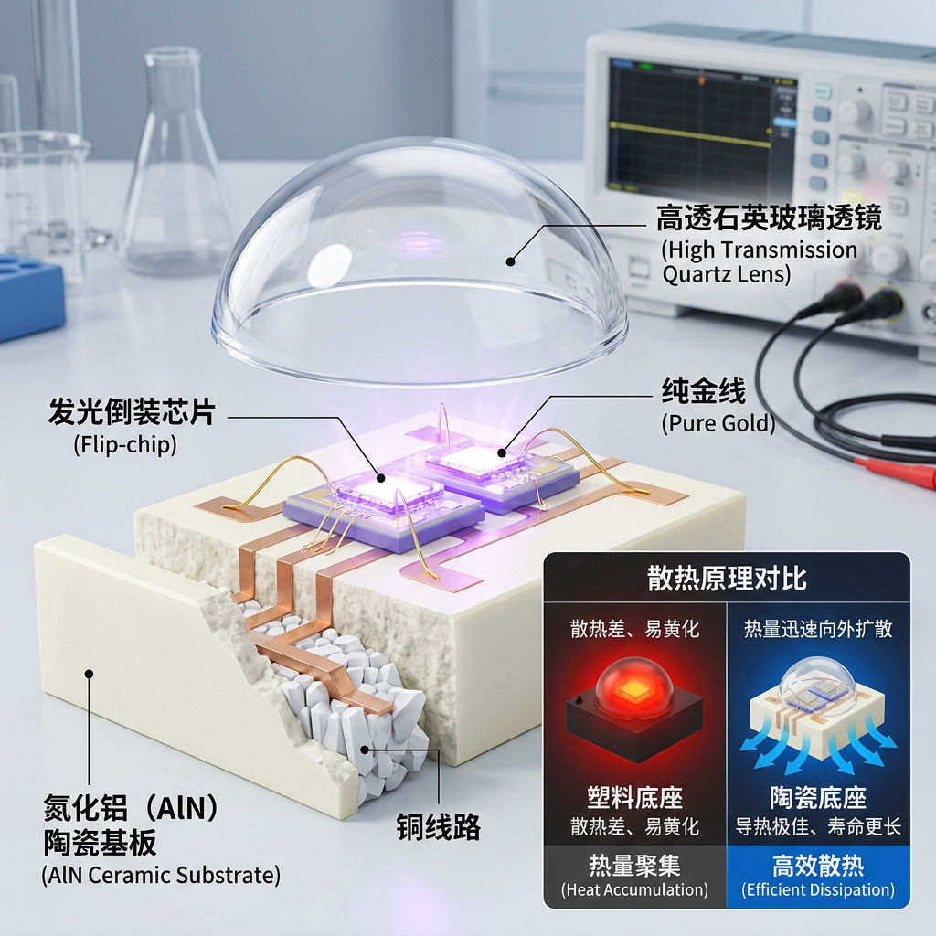 UV固化陶瓷灯珠内部结构拆解示意图，清晰展示氮化铝陶瓷基板、倒装芯片、纯金线和石英玻璃透镜，并对比塑料与陶瓷底座的散热效率，突出陶瓷封装的优越性。