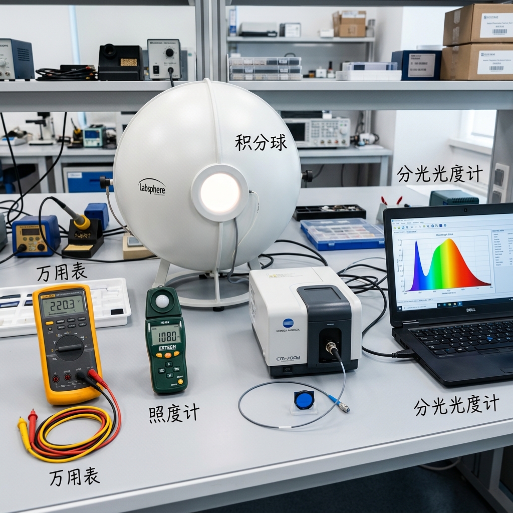 一张展示LED测量工具全家福的图像,包括便携式数字万用表、手持照度计、大型积分球以及连接电脑的分光光度计,展现了从家用级到专业级的LED测量设备。