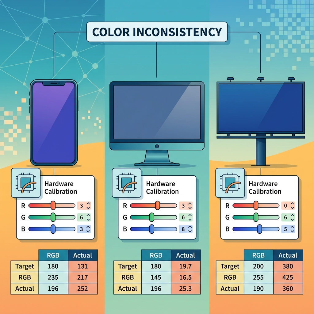一张图示，展现不同显示设备（手机、显示器、LED广告牌）在未进行RGB修正时，显示同一颜色时出现的色彩不一致性，强调硬件校准的重要性。