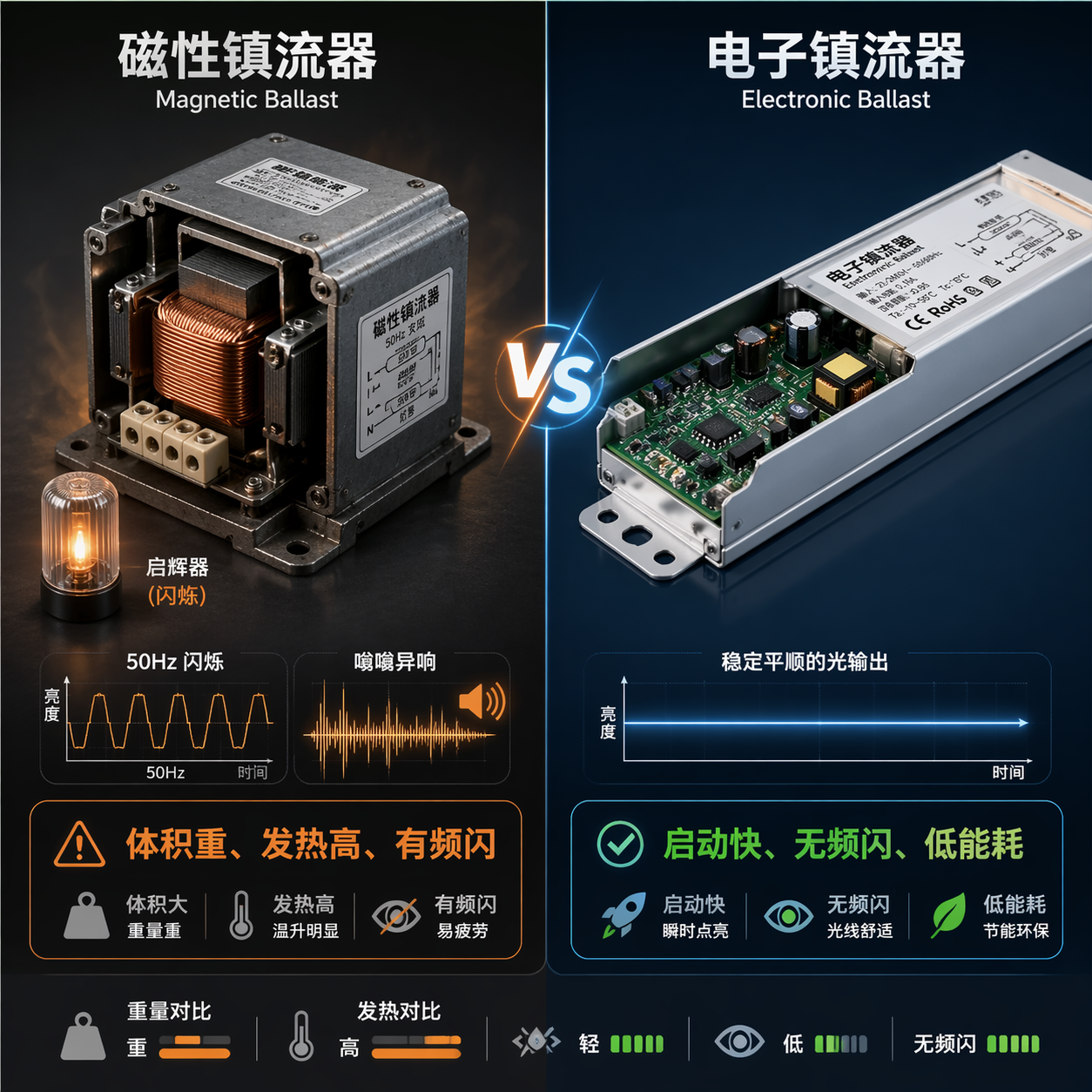 磁性镇流器与电子镇流器对比图，显示磁性镇流器体积大、有闪烁和异响，而电子镇流器更轻巧、启动快、无频闪、低能耗。