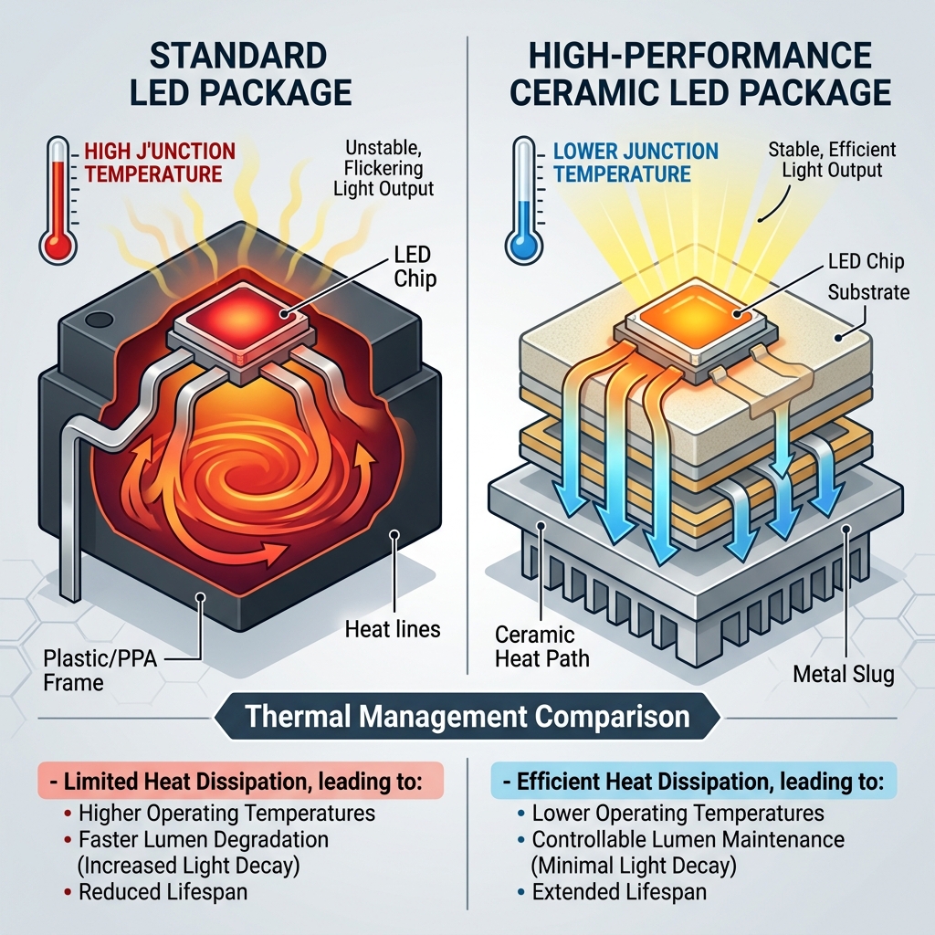 陶瓷封装与普通LED灯珠散热路径对比示意图，展示陶瓷基材优异的热管理能力