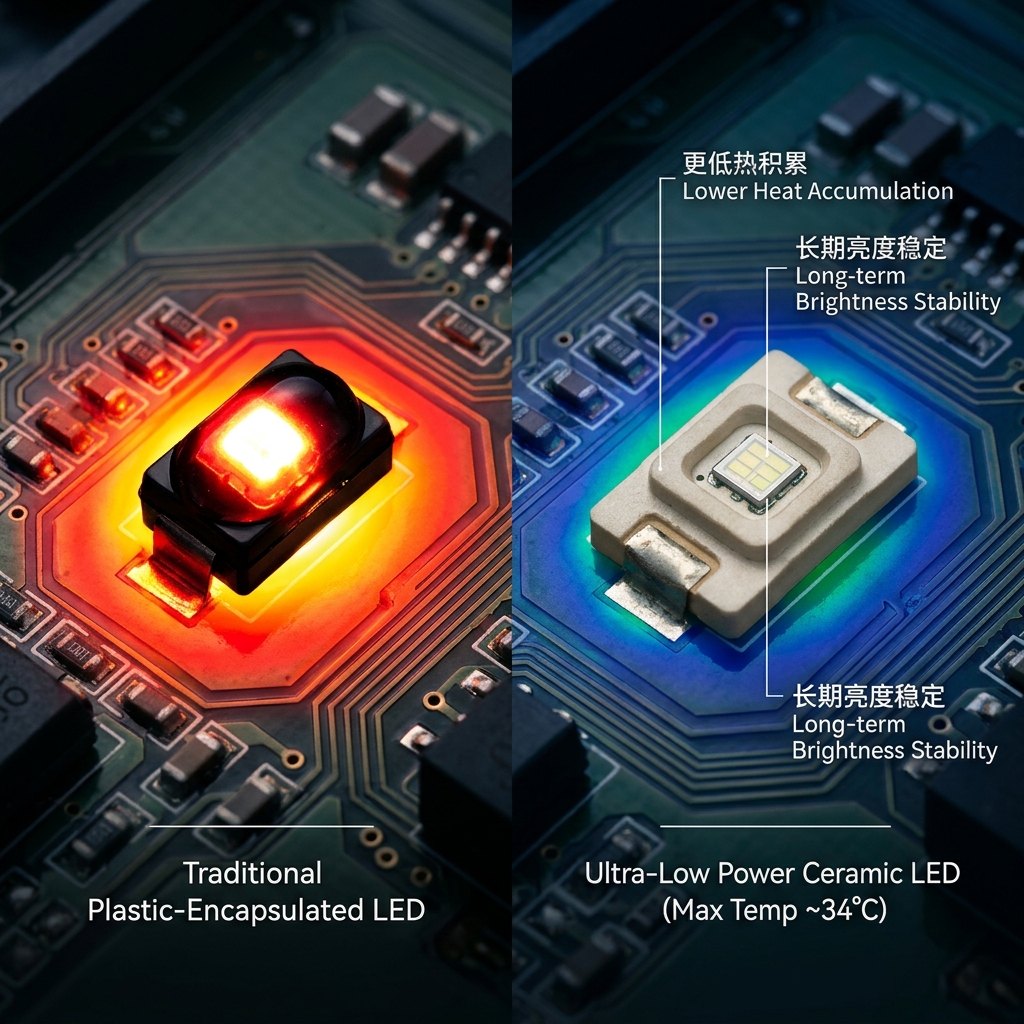 超低功耗陶瓷灯珠与普通塑封LED灯珠的热管理对比，显示陶瓷灯珠具有更低的温升和更稳定的长期亮度。