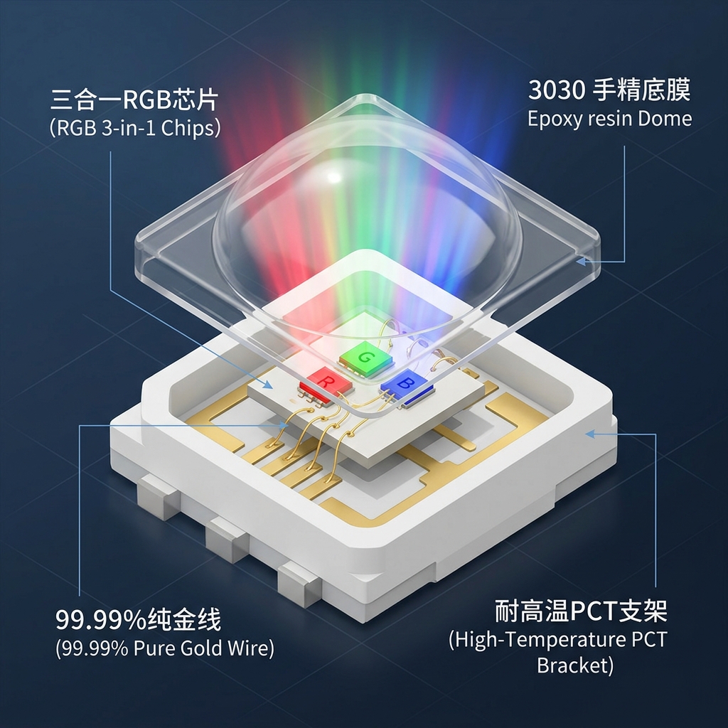 3030全彩LED灯珠的内部结构拆解图，清晰展示了三合一RGB芯片、99.99%纯金线以及耐高温PCT支架