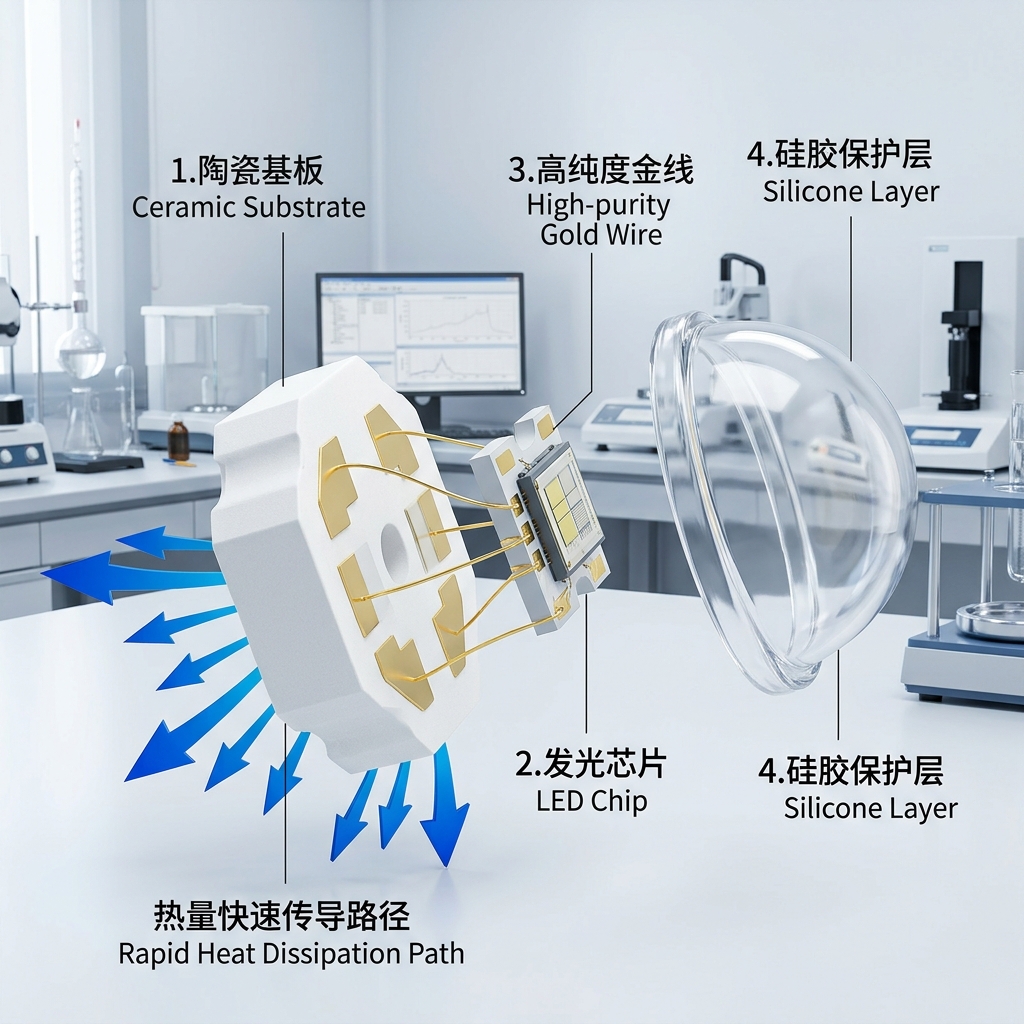户外灯具陶瓷灯珠的爆炸视图,详细展示了其核心组成部分:特种陶瓷基板、高亮发光芯片、高纯度金线和硅胶保护层,并示意陶瓷基板的散热路径。