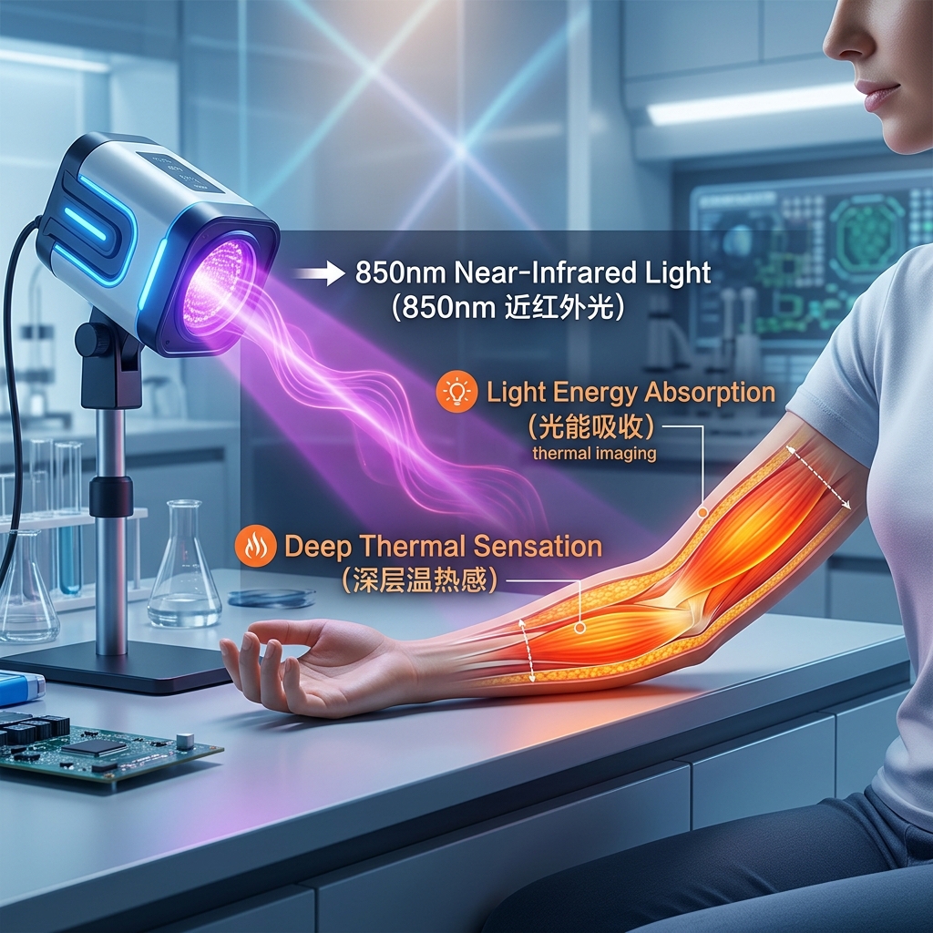 850nm近红外光在人体深层产生热效应的示意图,展示光能吸收与深层温热感