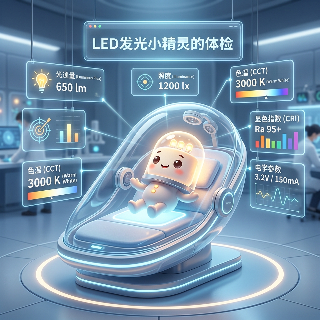 创意图:LED灯珠拟人化为小精灵在科技体检舱中,周围全息投影展示光通量、照度、色温、显色指数和电学参数等LED核心测量指标。