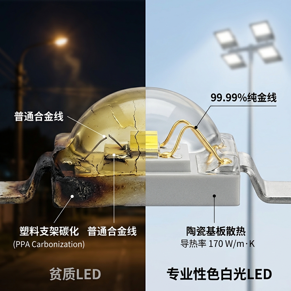 对比图:劣质LED光源在高温下PPA支架碳化、合金线断裂,专业白光LED则采用陶瓷基板与99.99%纯金线确保高温稳定性。