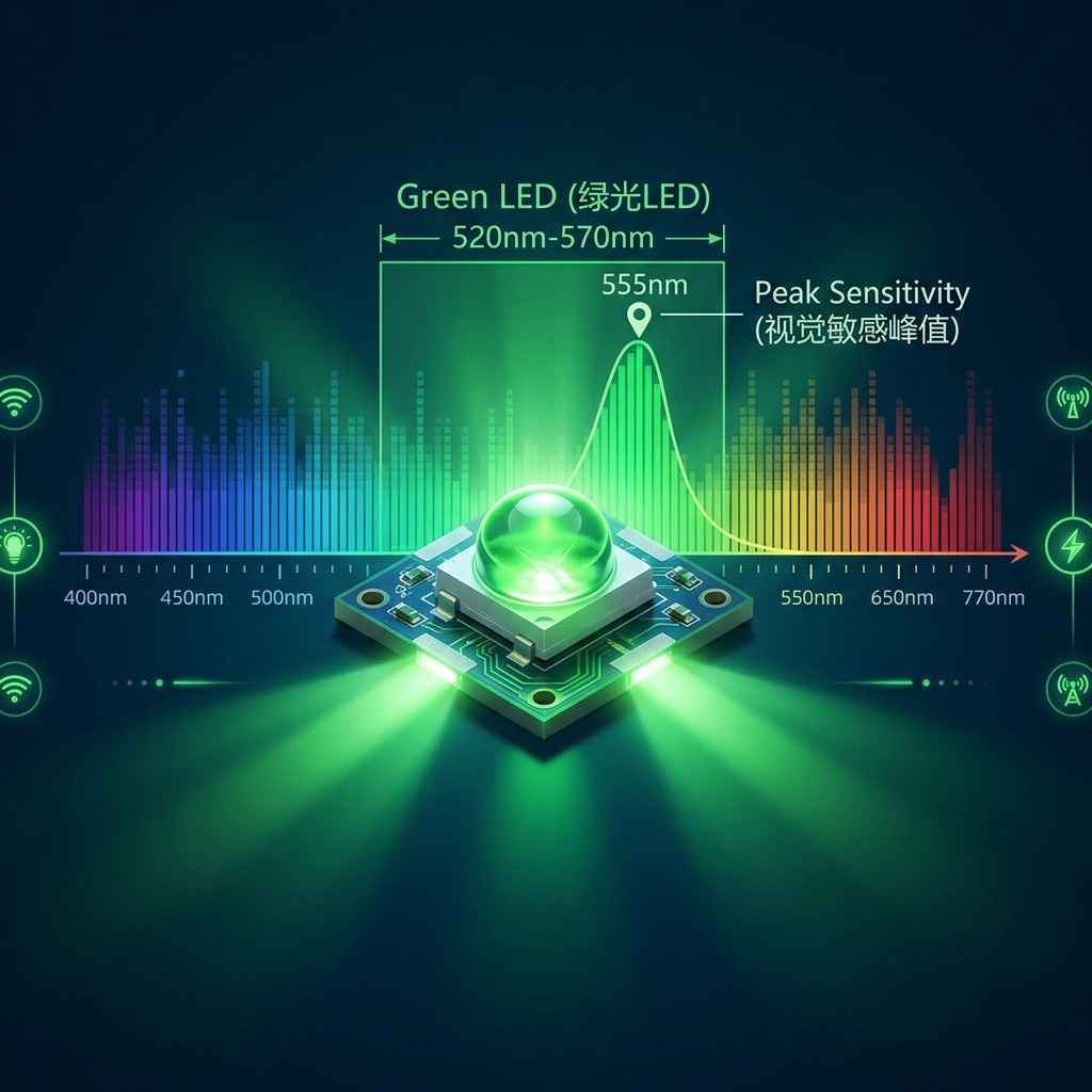 绿光LED核心定义图：展示发光SMD绿光LED、520-570nm波长范围及人眼对555nm绿光的视觉敏感峰值