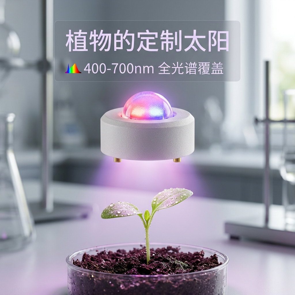 微距拍摄的植物生长陶瓷灯珠，散发红蓝混合光，照亮幼苗，标注‘植物的定制太阳’和‘400-700nm全光谱覆盖’，展示科技与自然融合。