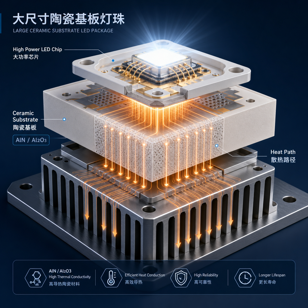 大尺寸陶瓷基板灯珠内部结构3D渲染图，展示氮化铝/氧化铝陶瓷基板、大功率LED芯片及芯片热量通过陶瓷基板向下传导的散热路径。