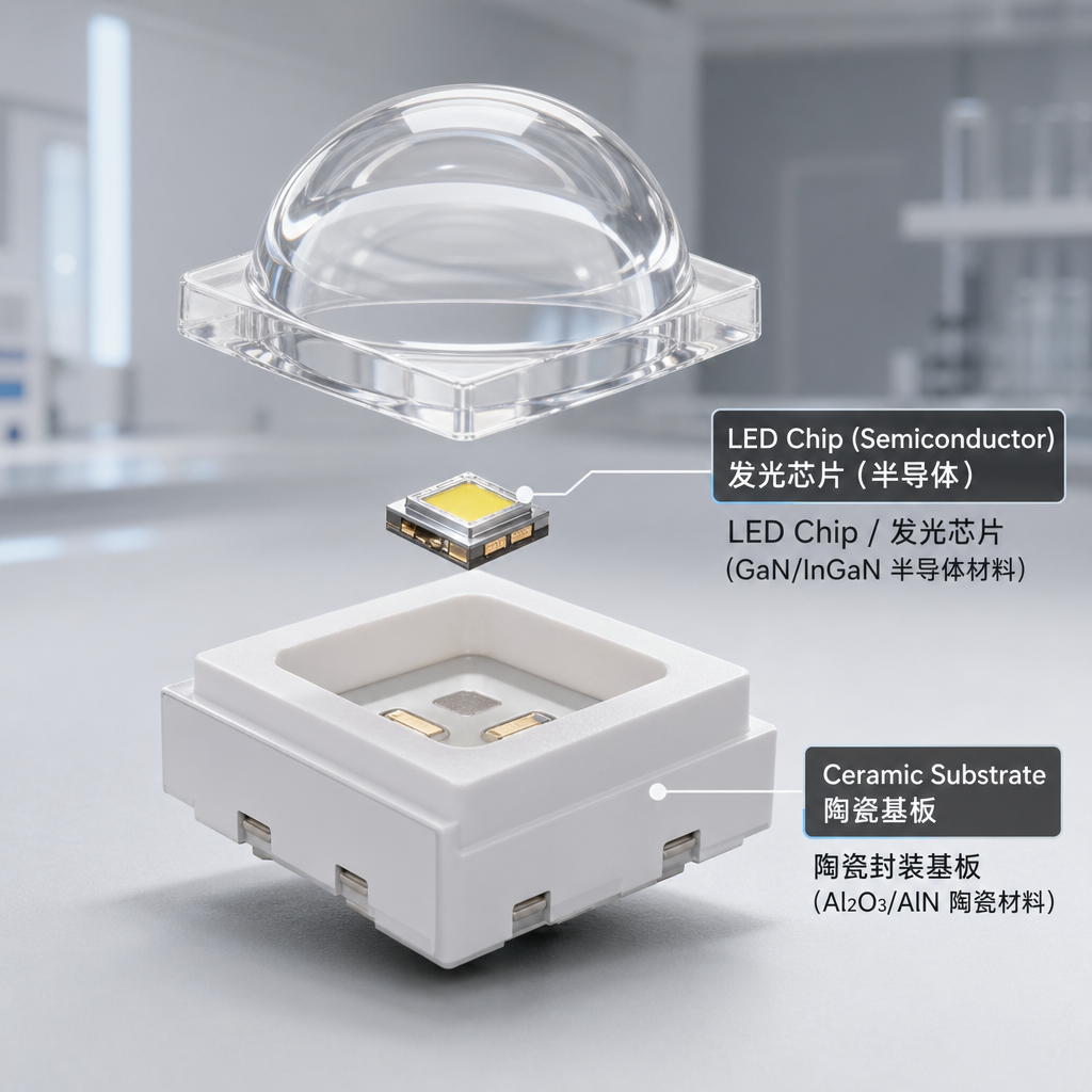 LED灯珠宏观爆炸图，展示LED芯片（半导体材料）与下方的陶瓷封装基板（陶瓷材料），直观区分两者
