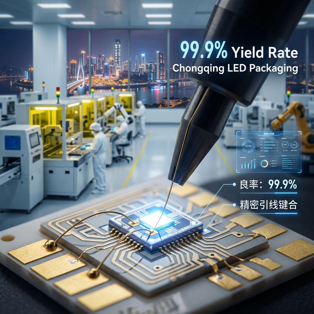 重庆LED封装引线键合的微观视图，展示了99.9%良率的精密金线连接工艺，背景为重庆电子制造车间。