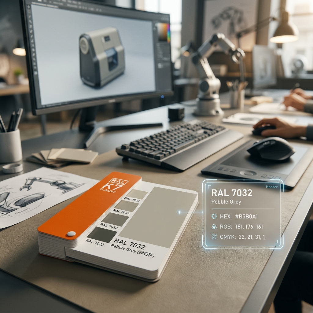 RAL 7032卵石灰核心参数展示图，包含HEX #B5B0A1和RGB 181, 176, 161
