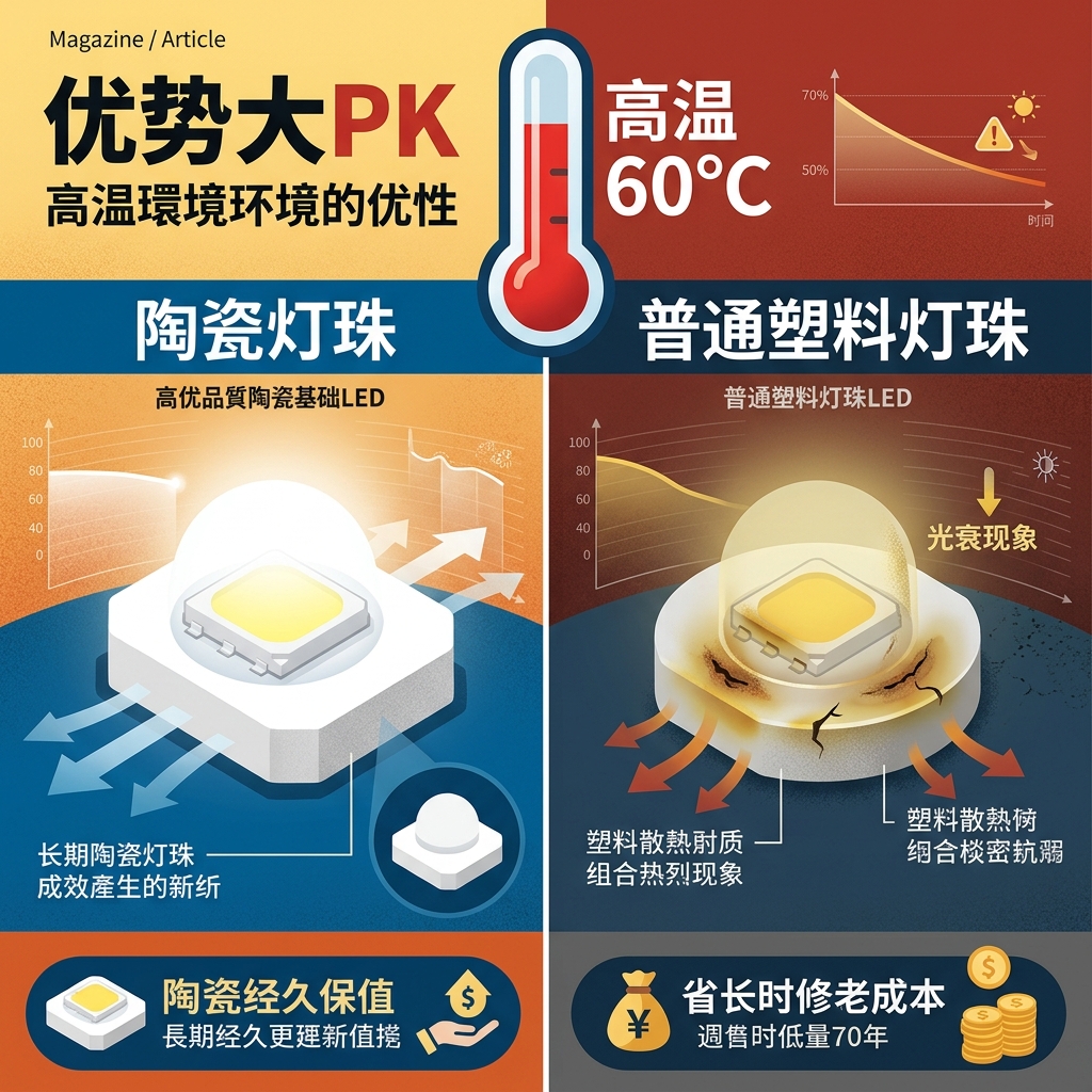 陶瓷灯珠与普通塑料灯珠在60℃高温环境下的性能对比图,直观显示陶瓷灯珠(左)在高温下仍保持稳定亮白,而塑料灯珠(右)则出现老化变黄和光衰现象。