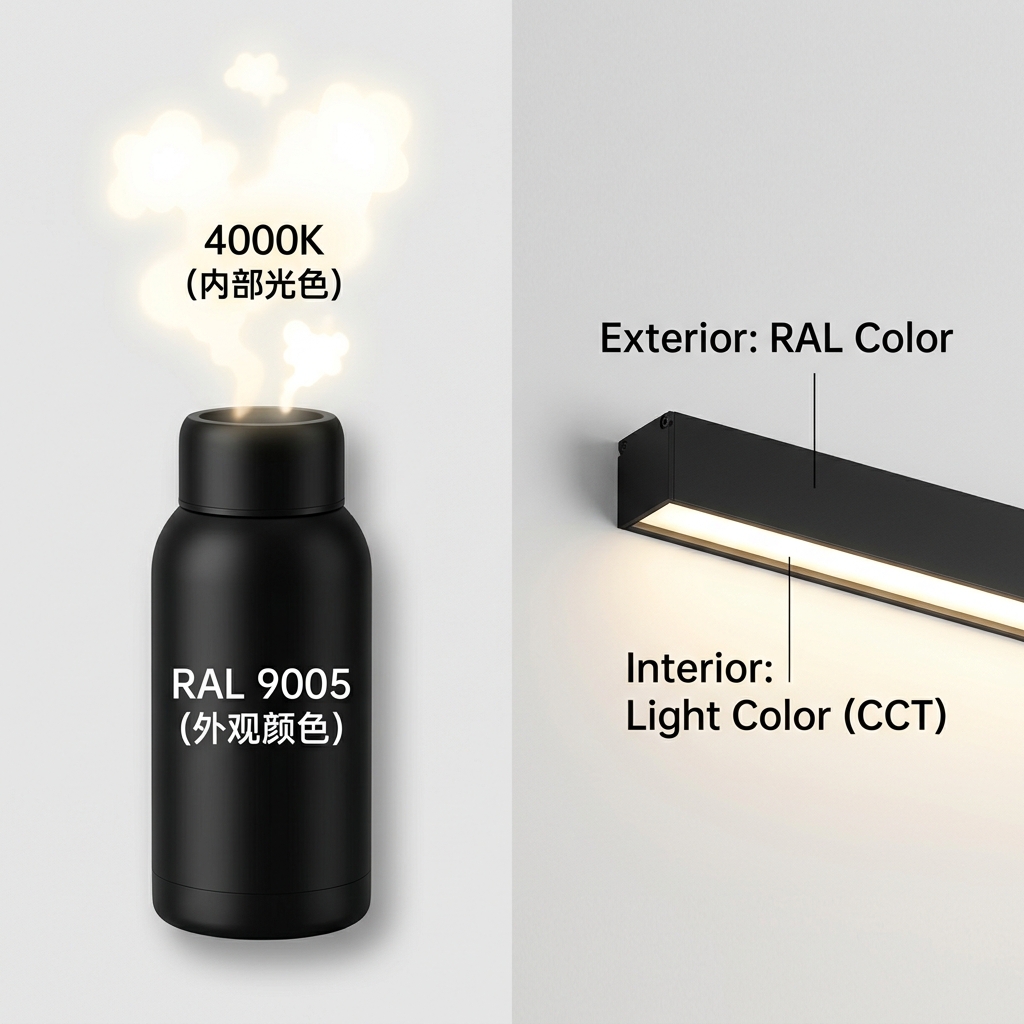 一个黑色保温杯（RAL 9005外观）冒出4000K热气，旁边对比展示一条黑色线性灯带发出4000K光，用生活化例子形象解释灯带外观颜色（RAL）与发光颜色（K值）的区别。