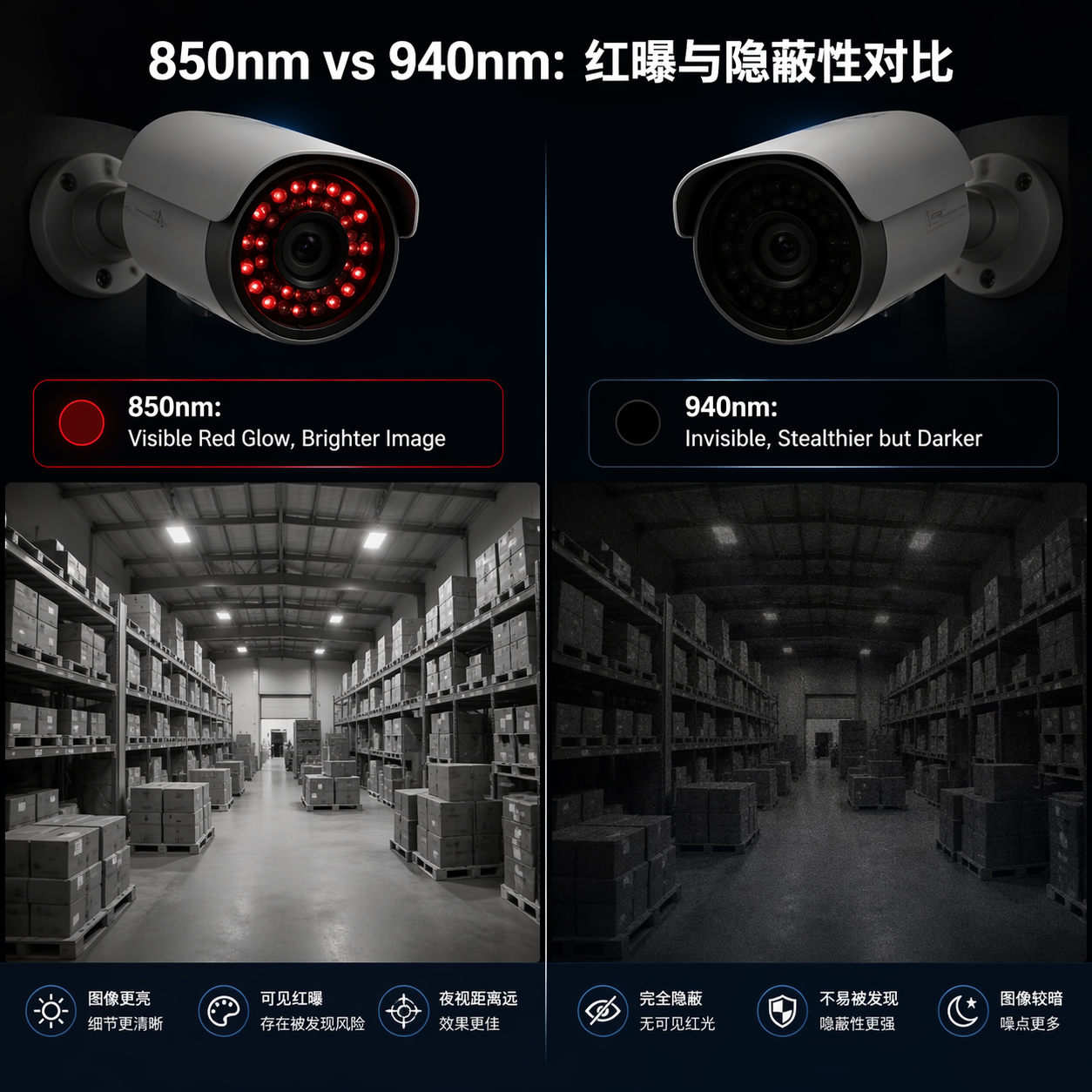 850nm与940nm红外夜视效果对比：850nm有微弱红曝但画面更亮，940nm隐蔽但画面略暗