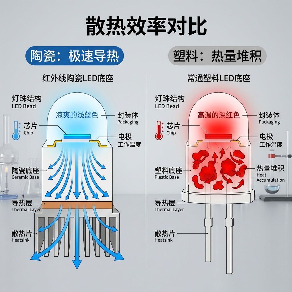 红外陶瓷灯珠与普通塑料灯珠散热效率对比示意图，直观展示陶瓷底座的极速导热优势和塑料底座的热量堆积问题