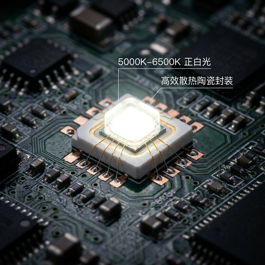 一颗正在发光的正白光陶瓷LED灯珠，光线清爽明亮，底座为洁白的陶瓷基板，突显5000K-6500K色温与高效散热封装特性