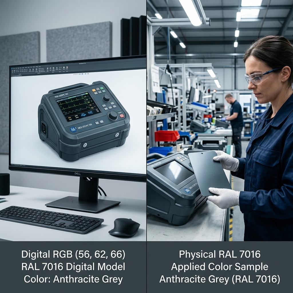工业设计中RAL 7016（煤灰灰）数字RGB与物理实物的精准显色对比