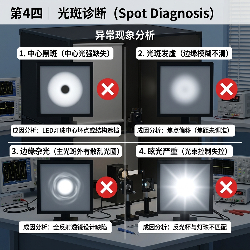 LED灯光斑常见异常诊断图，包括中心黑斑、光斑发虚、边缘杂光和眩光严重等问题及其可能成因