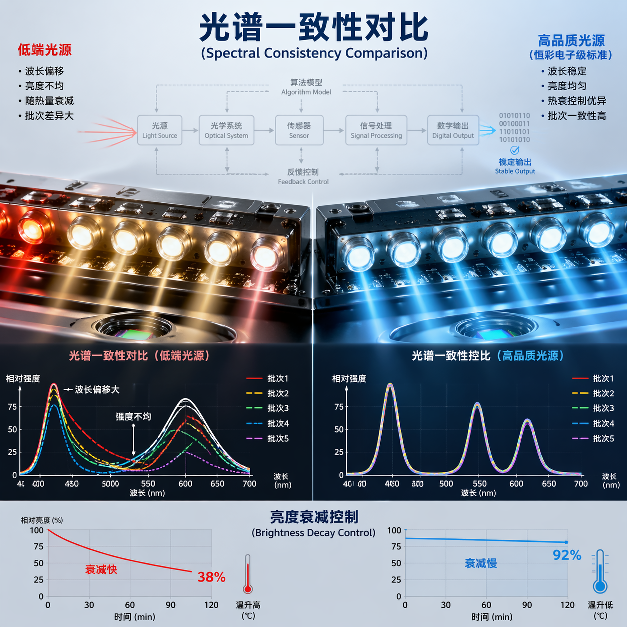 高品质与低端LED光源光谱一致性及亮度衰减对比图，突显光源稳定性对分光分色设备性能的关键影响