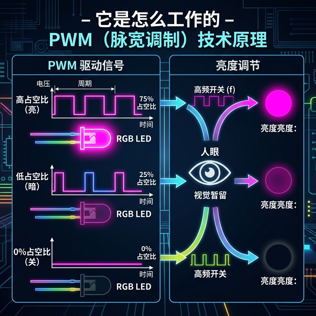 PWM（脉宽调制）技术工作原理示意图，展示了不同占空比的方波信号如何通过视觉暂留原理控制RGB灯珠的亮度和色彩。